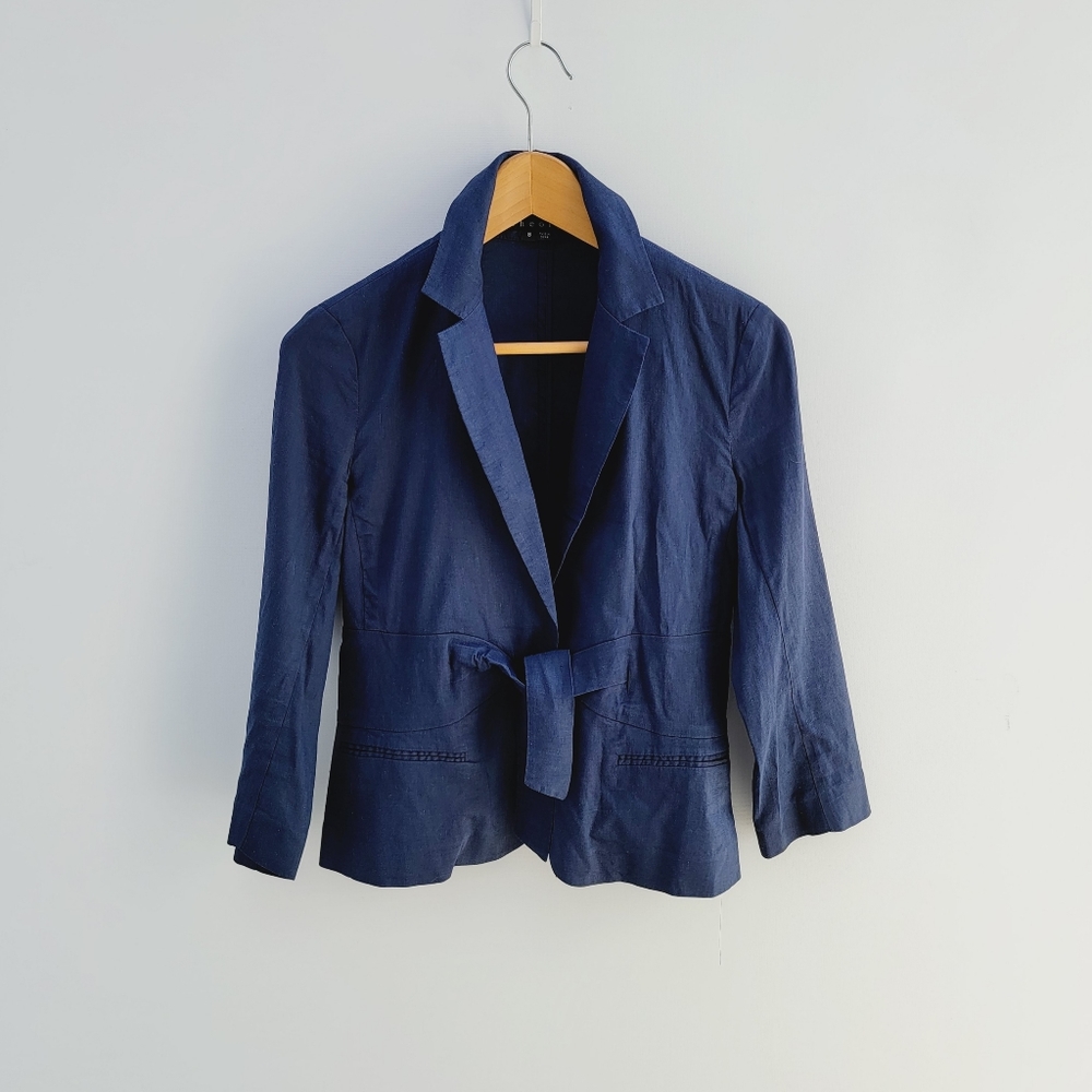 Theory Galina Navy Blue Linen Tie Front Jacket 6/8